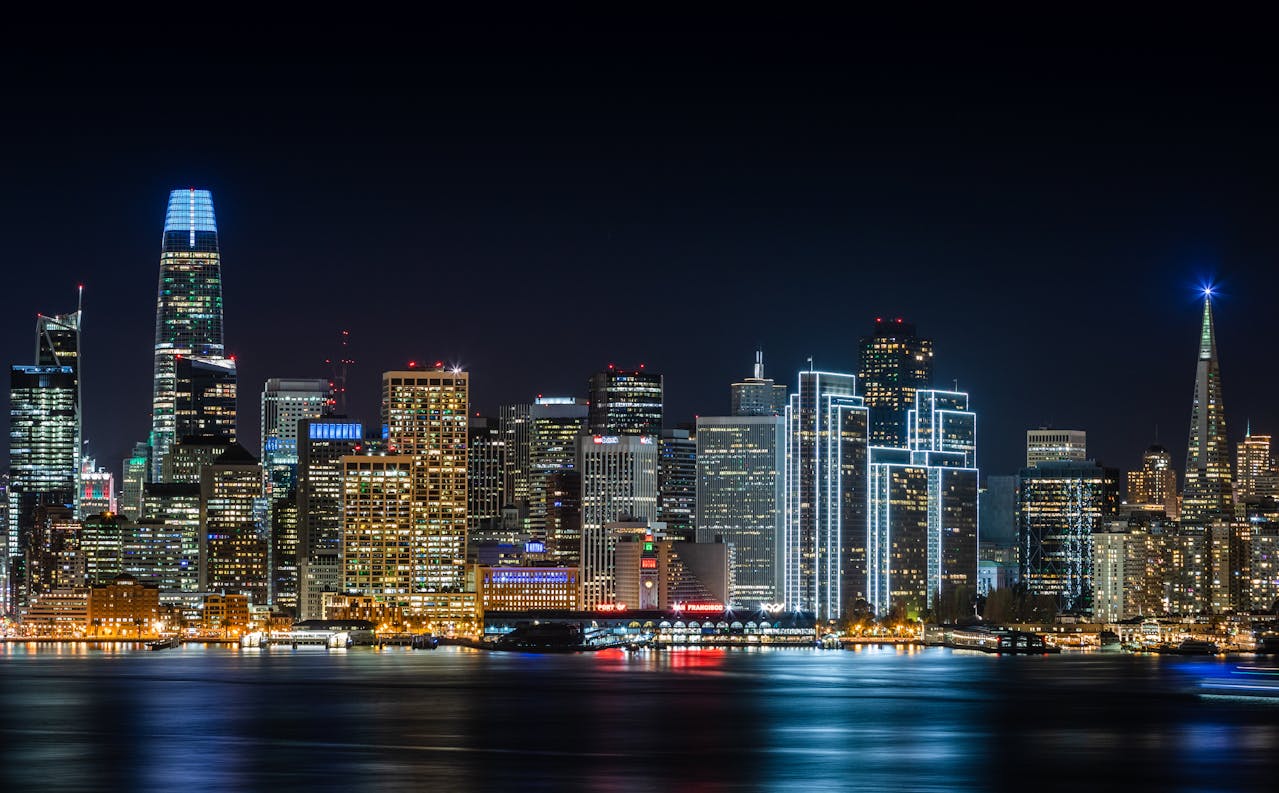 Panoramic aerial view of the San Francisco skyline at night