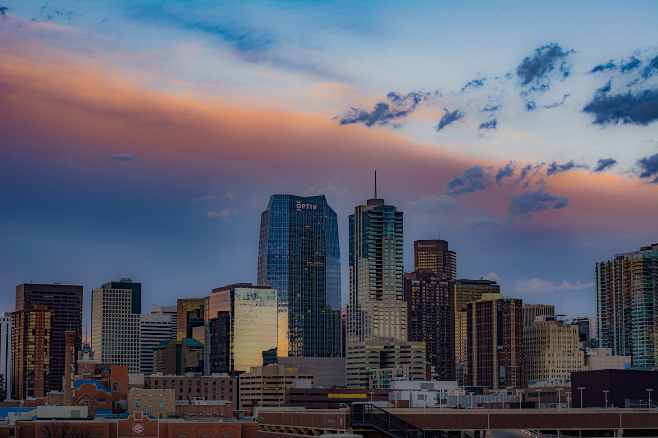 Panoramic aerial view of the Denver skyline at night