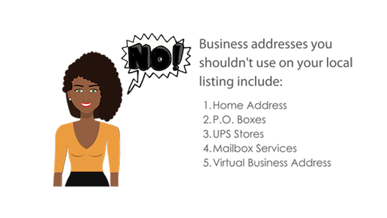 Image: bullet point title graphic business address types you shouldn't use on your local listing include: 1. Home Address, 2. P.O. Boxes, 3. UPS Stores, 4. Mailbox Services, 5. Virtual Business Address