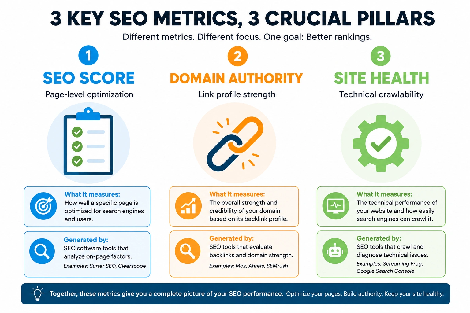 Comparison infographic showing SEO Score, Domain Authority, and Site Health metrics with icons and explanations.