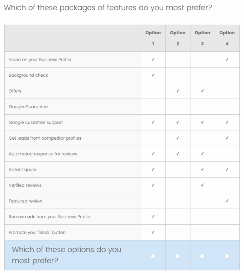 Image: GMB listing survey question title text for new feature preferences 