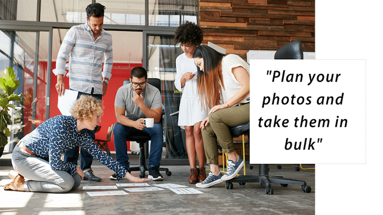 Image: A blonde woman arranges papers on the floor while 2 male and 2 female coworkers stand, sit and look on. Sub hedaer title text Plan your photos and take them in bulk