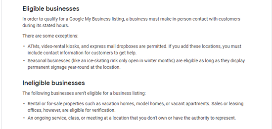 Image: Screenshot of GMB guidelines for eligible GMB listing business types