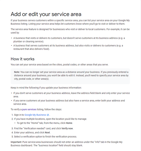 Image: screenshot of GMB guidelines for adding your service area to your GMB listing.