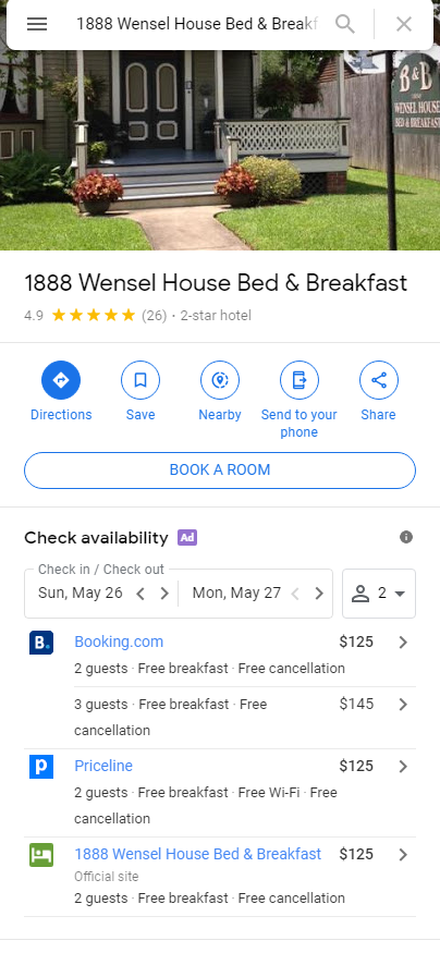 Image: example of hotel Google listing with booking feature text displays check in and check out dates