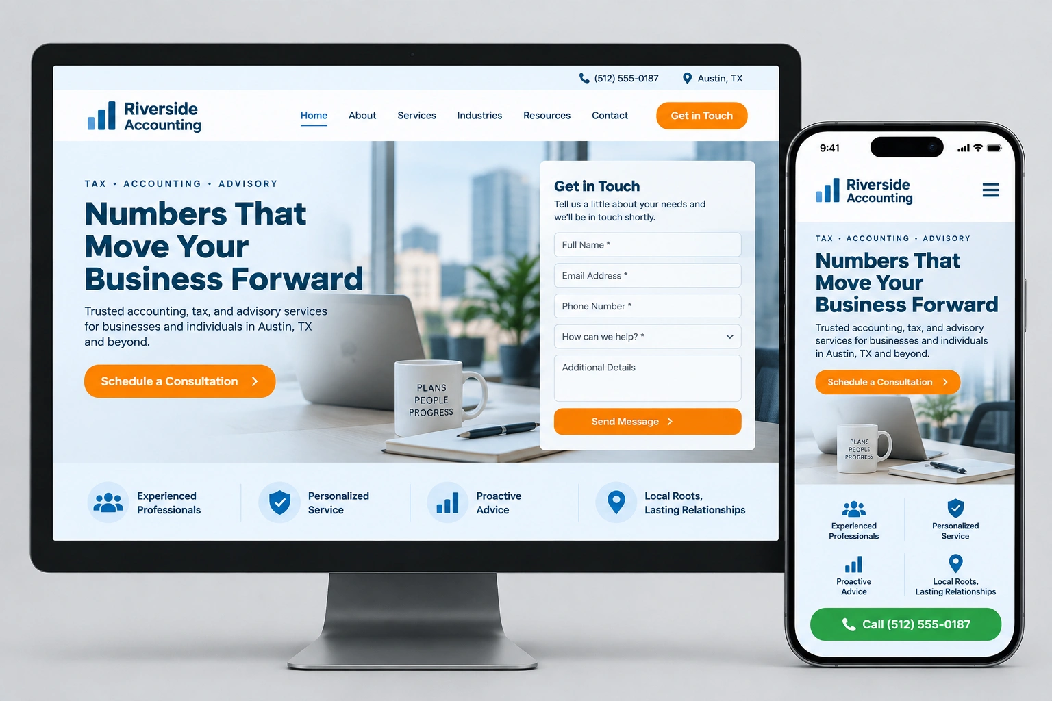 Responsive accountant website shown on desktop and smartphone with clear navigation, contact form, and tap-to-call functionality.