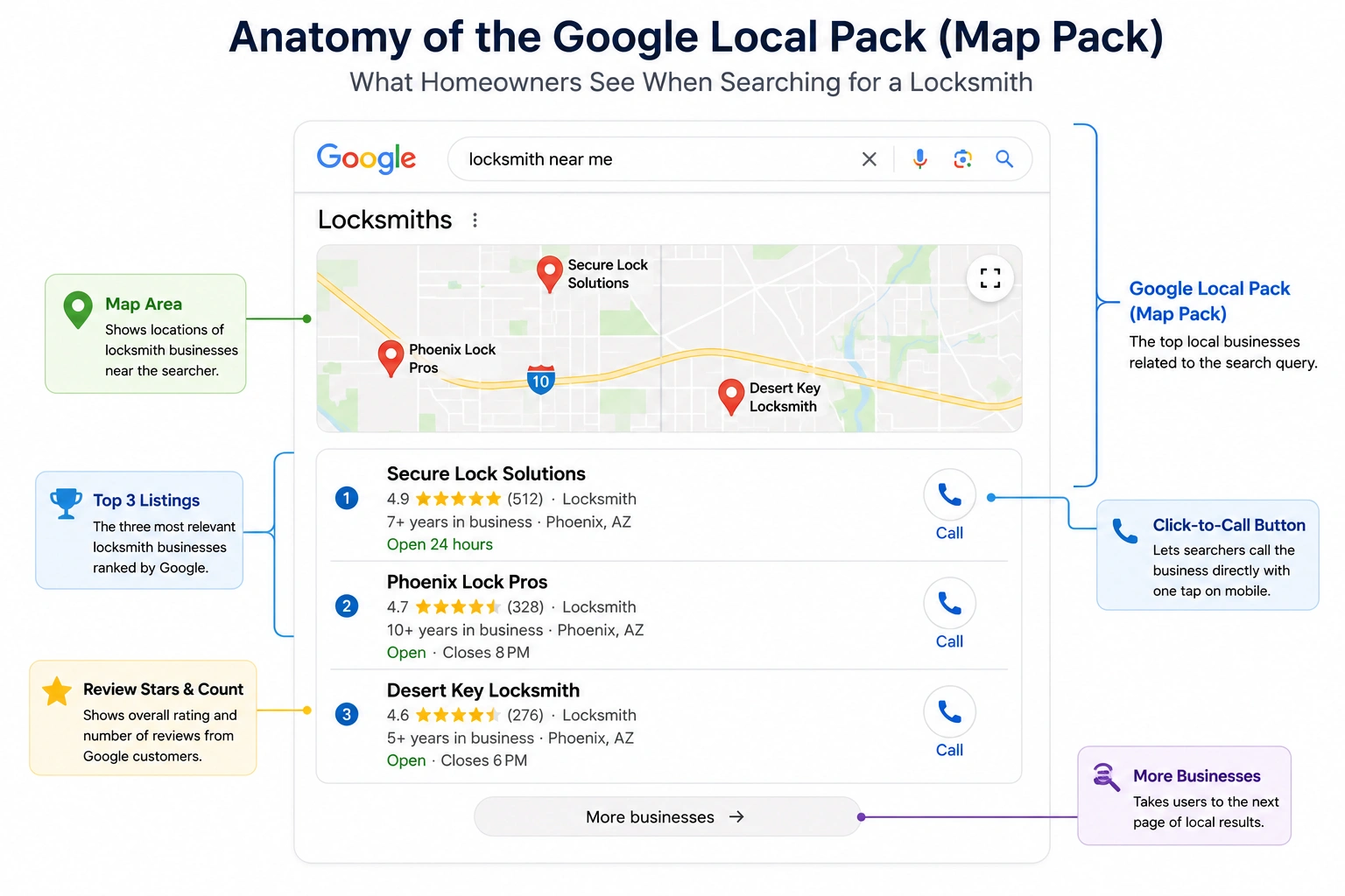 Diagram of Google's Local Map Pack highlighting locksmith listings, review stars, and click-to-call buttons.