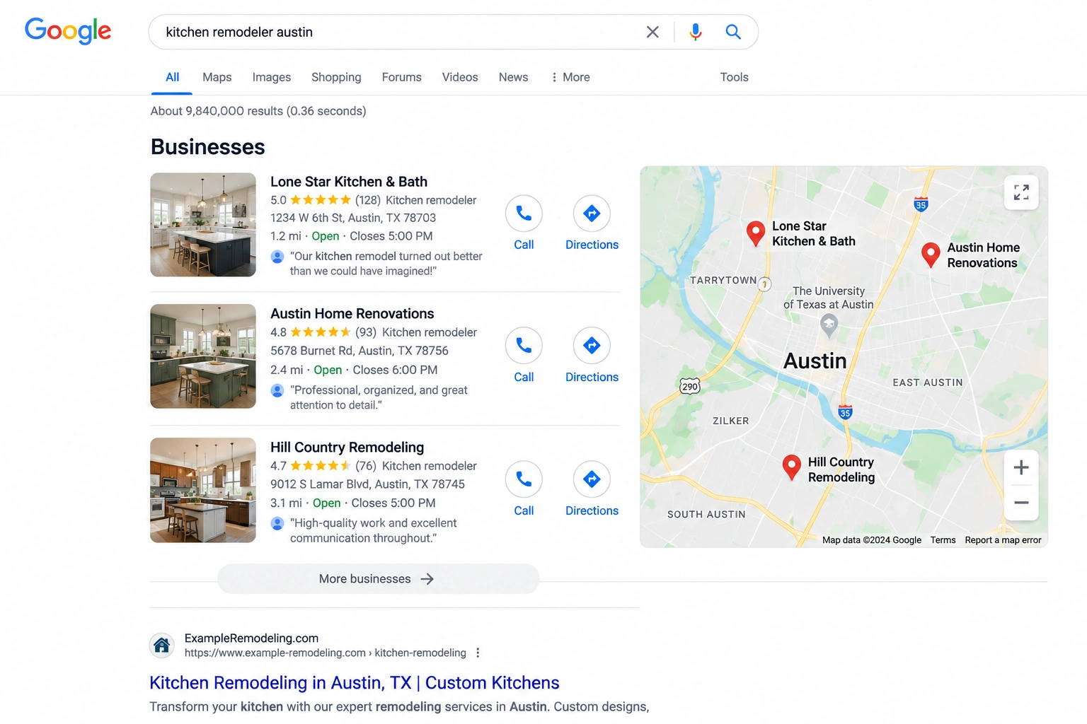 Google local map pack showing three kitchen remodelers with star ratings, reviews, locations, distances, and contact options.