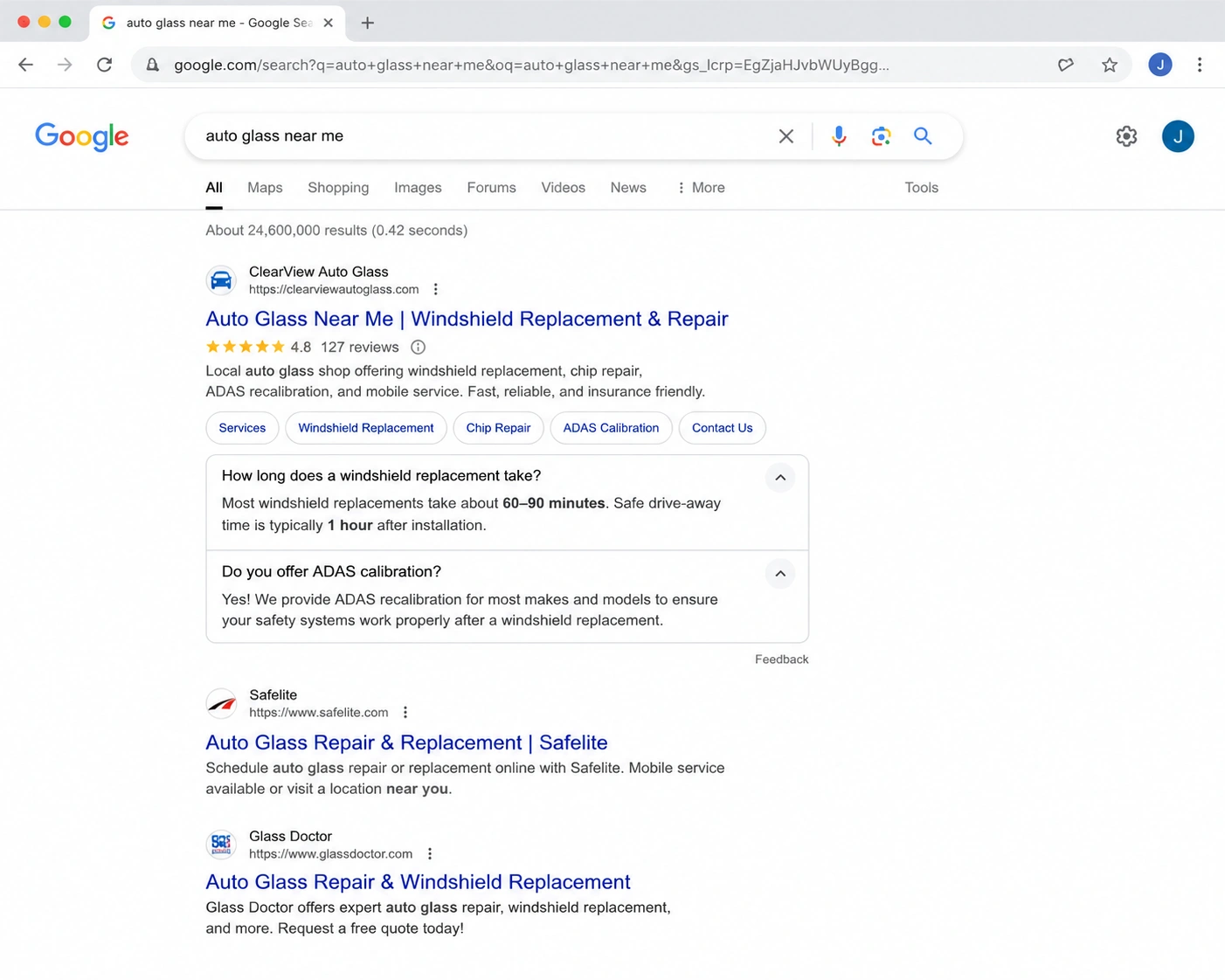 Google search results showing rich snippets, star ratings, and FAQ schema for an auto glass shop website.