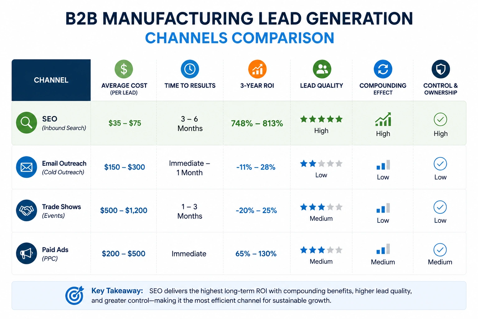 Chart comparing B2B manufacturing lead generation channels including SEO, trade shows, paid ads, and email outreach.