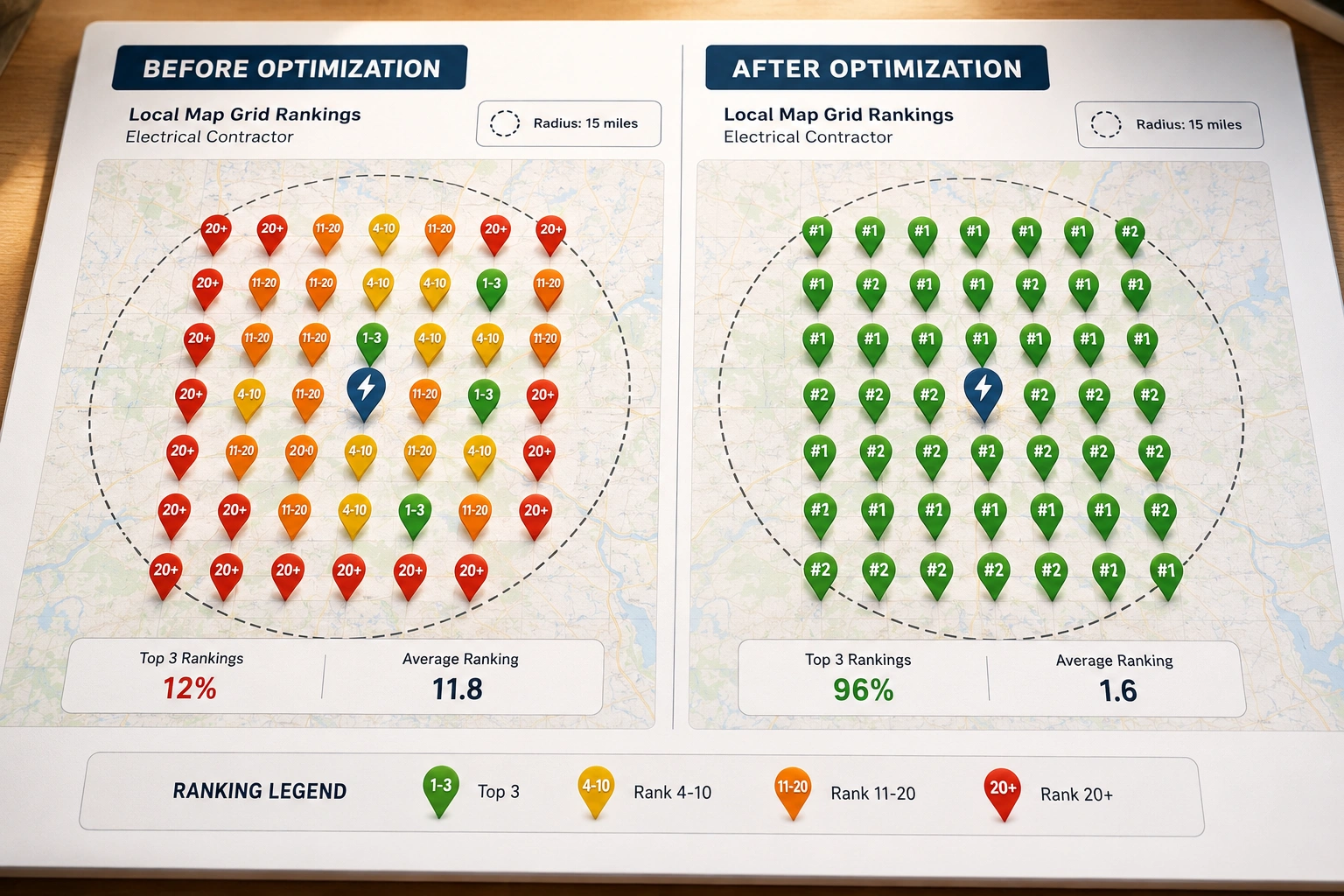 Before-and-after local map grid showing improved electrician rankings across a 15-mile service area after SEO optimization.