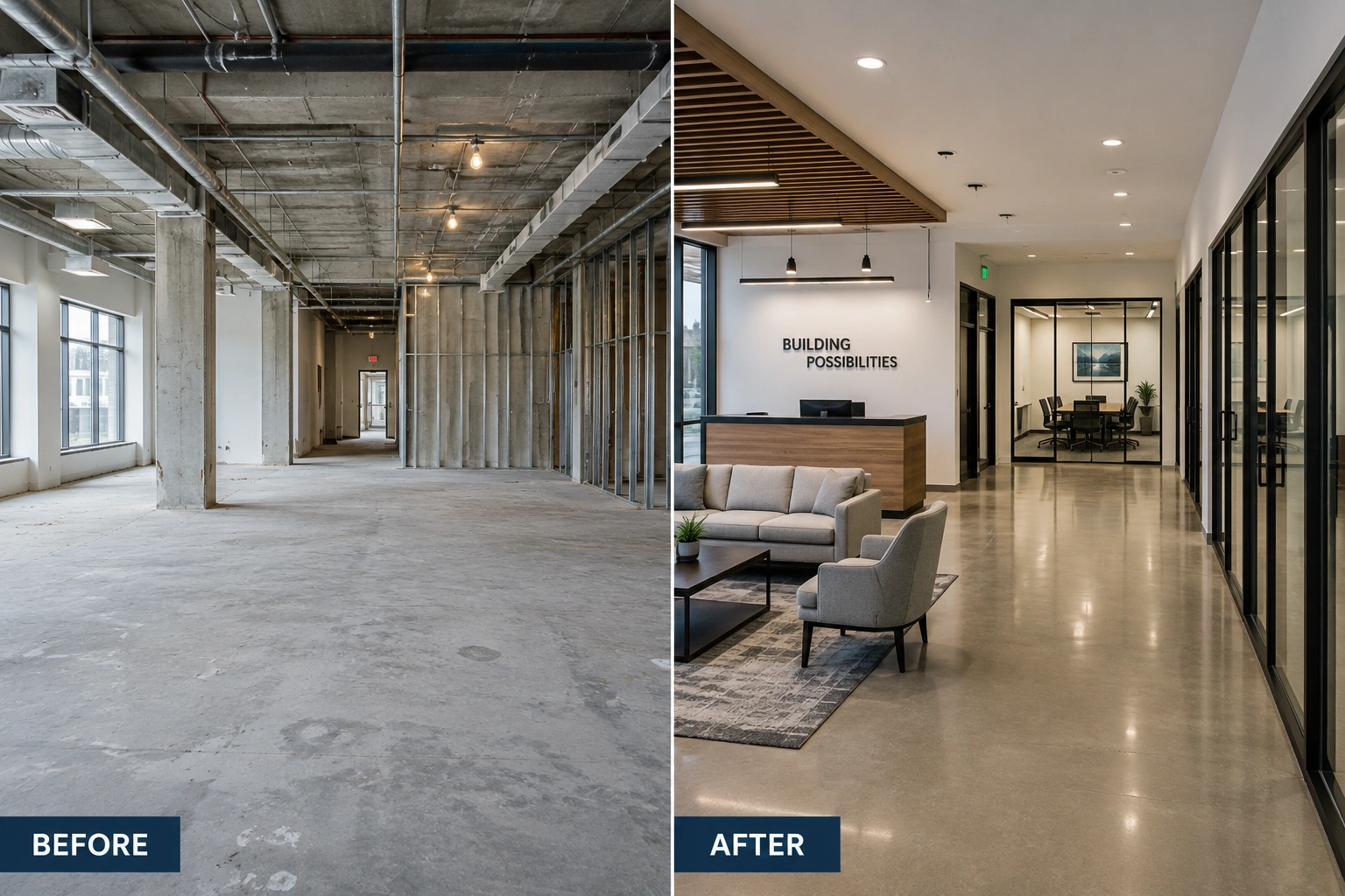 Before-and-after comparison of a commercial tenant improvement project showing an unfinished shell transformed into a modern office space.