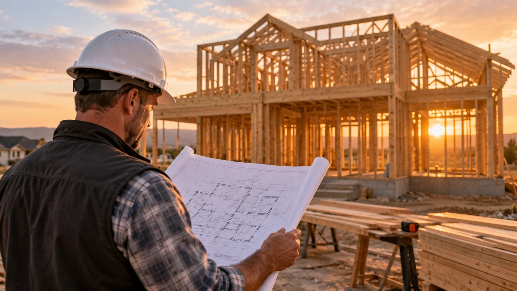 Custom home builder reviewing blueprints at a timber-framed residential construction site during golden hour.