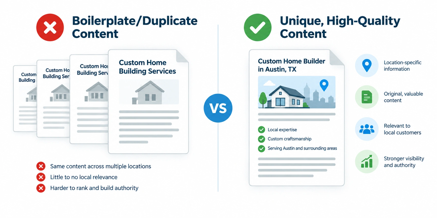 Comparison of duplicate boilerplate pages and unique location-specific content designed to improve local relevance and search visibility.