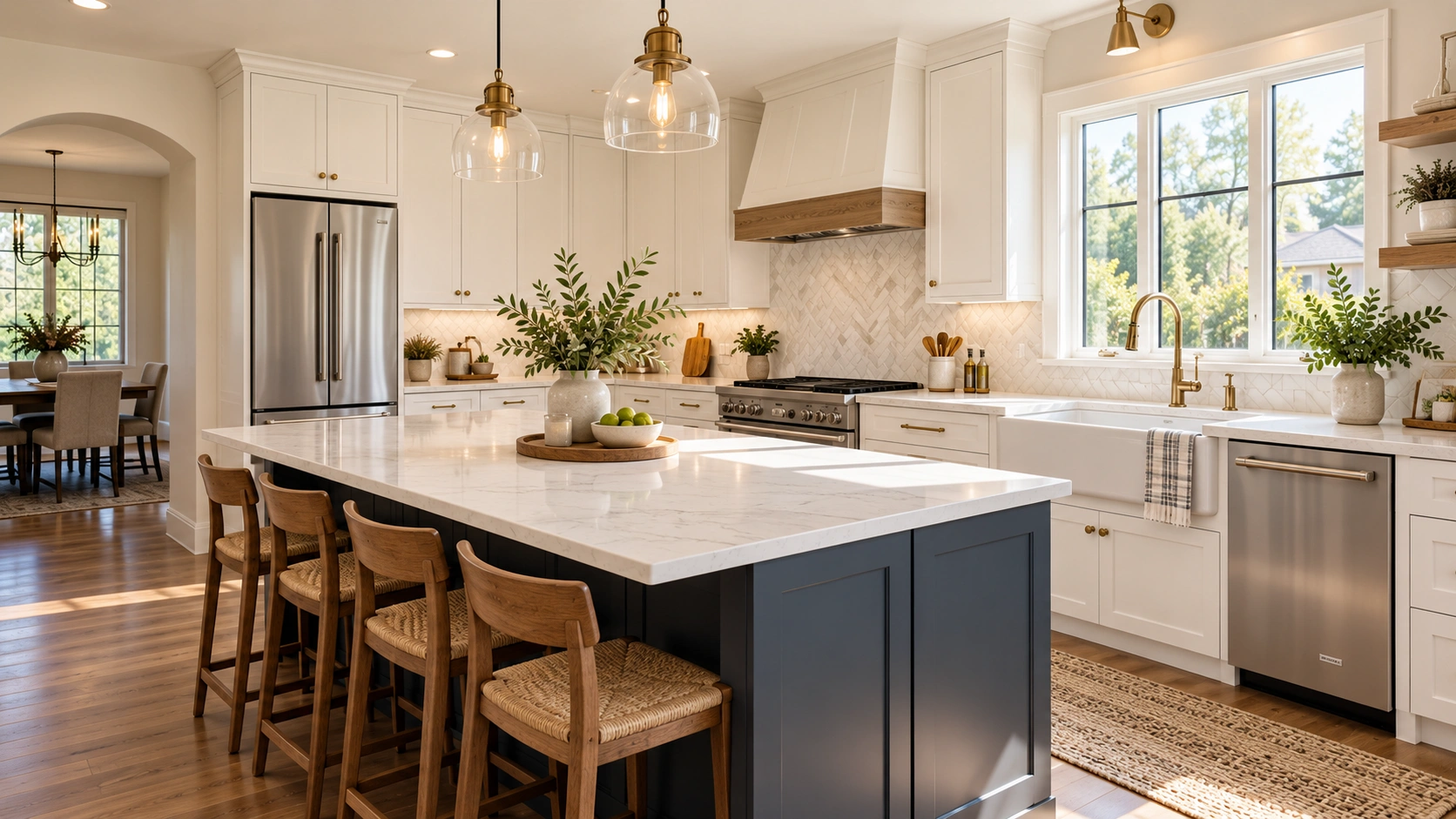 Completed kitchen remodel with white shaker cabinets, quartz island, farmhouse sink, brass hardware, and herringbone backsplash.