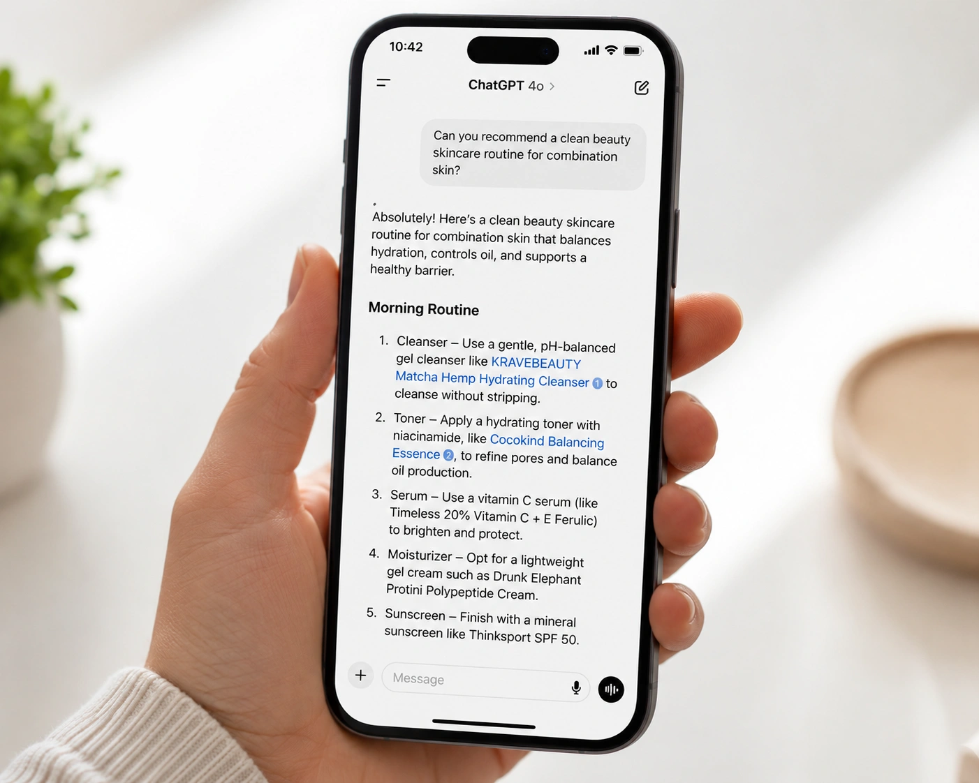 Smartphone displaying a ChatGPT skincare recommendation with cited beauty brand references.