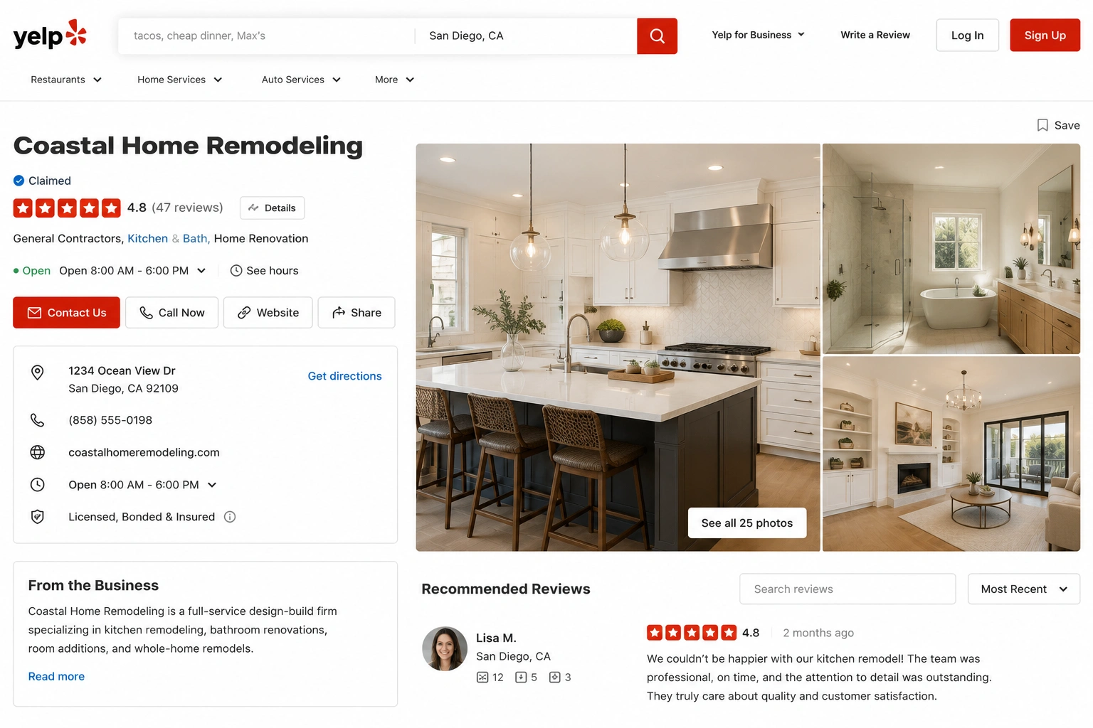 Home remodeling contractor profile with consistent business information, customer reviews, and completed project photos.