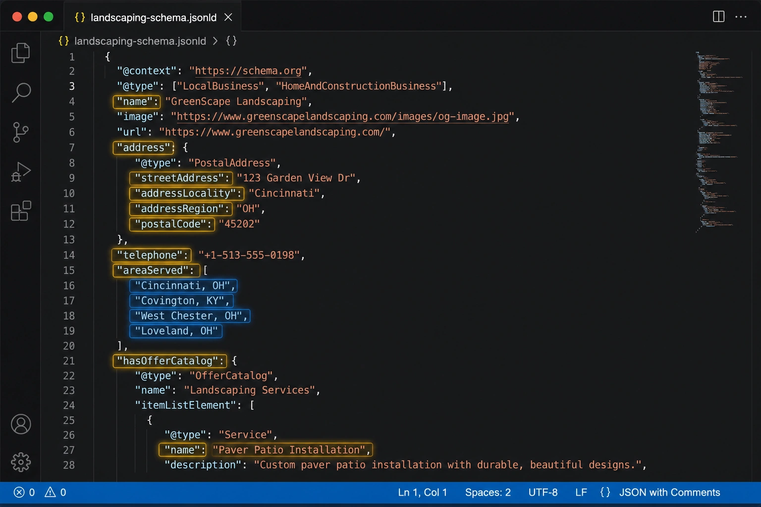 JSON-LD LocalBusiness schema example highlighting key fields for a landscaping company's local SEO.