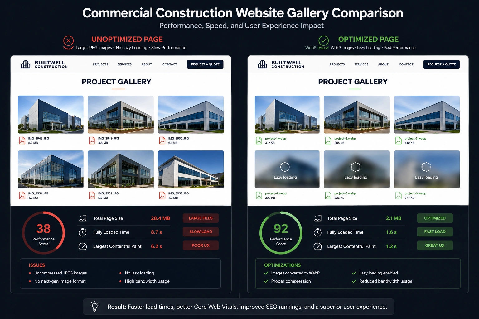 Comparison of unoptimized and optimized construction website galleries showing performance improvements with WebP images.