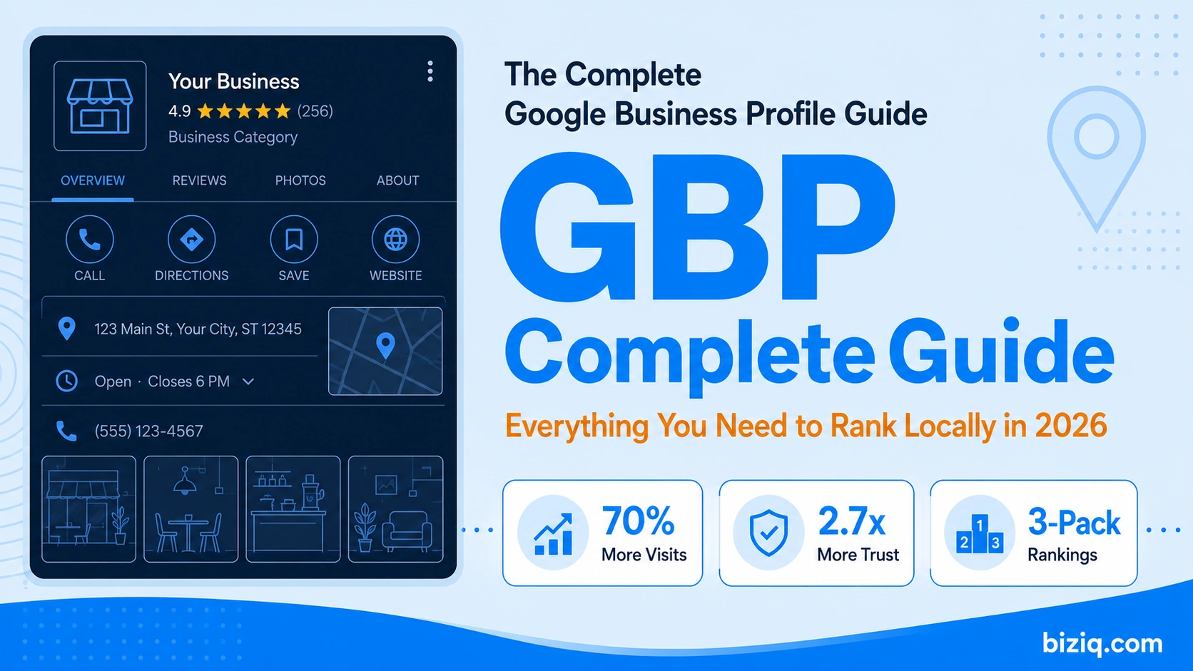Illustrated guide header showing a Google Business Profile panel with optimization tips for small businesses in 2026
