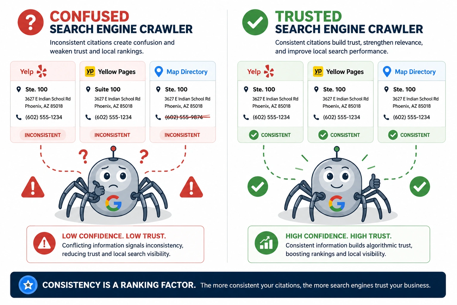Split infographic comparing inconsistent business citations with consistent listings and their impact on search engine trust.