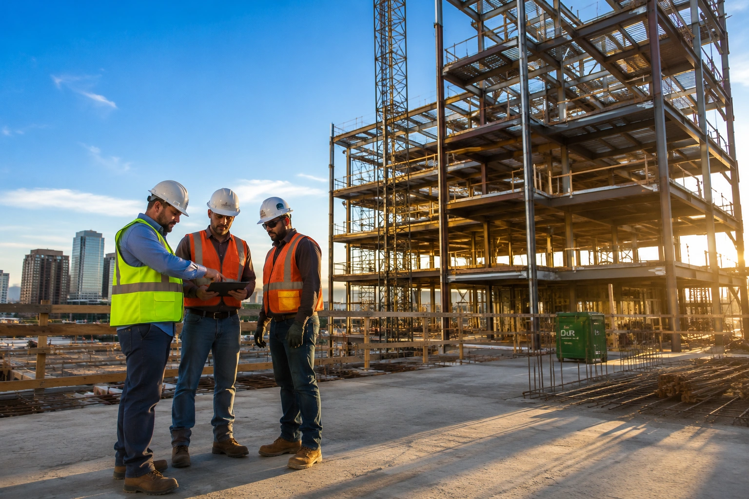 Construction crew reviewing project plans beside a steel-frame high-rise under construction at golden hour.
