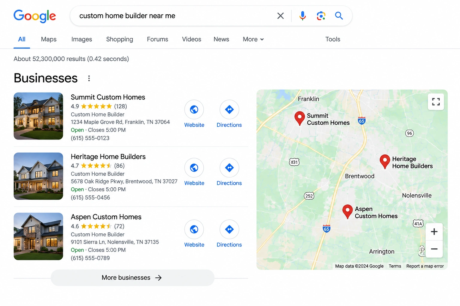 Google Local Map Pack showing three custom home builder listings with ratings, addresses, phone numbers, and regional map pins.
