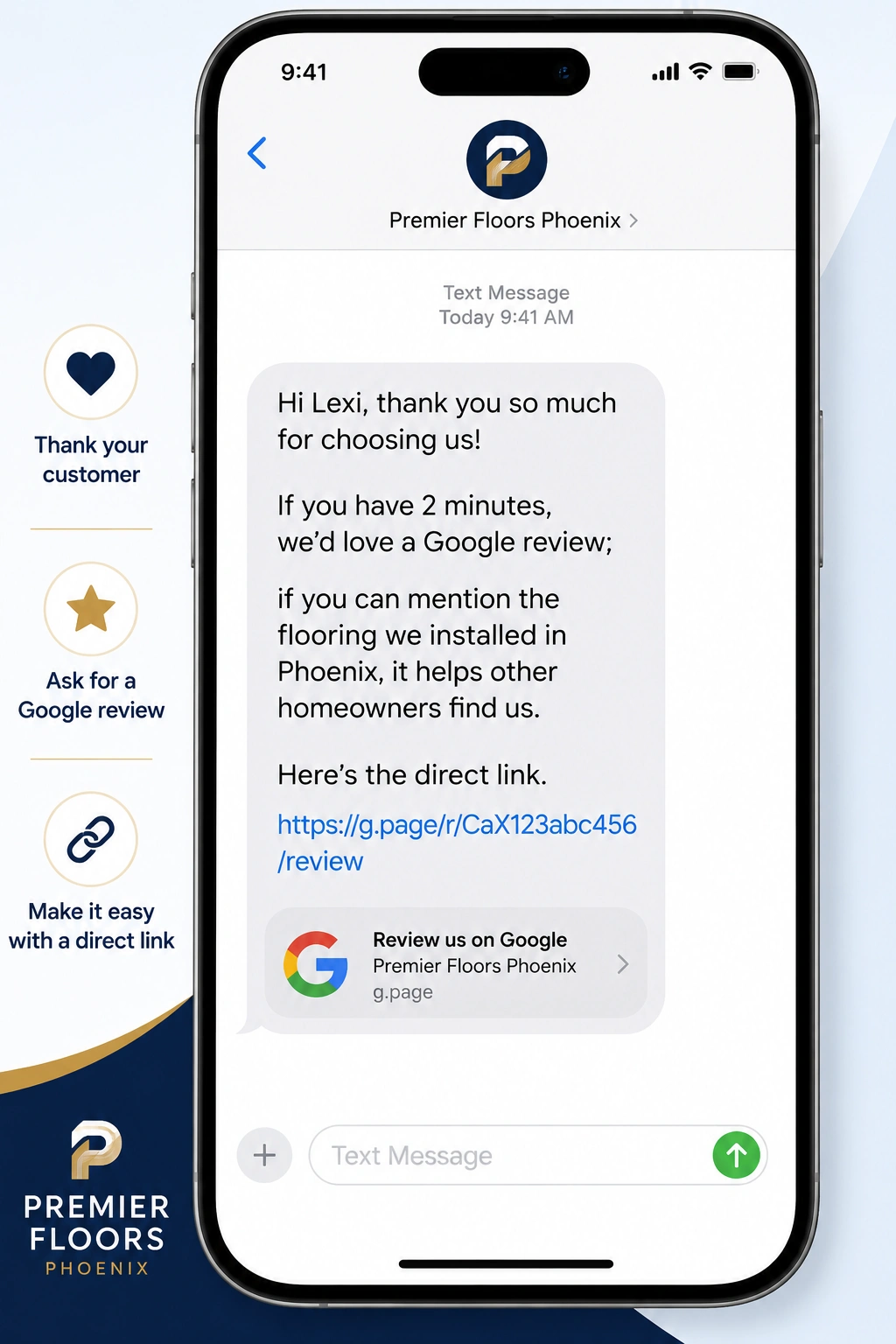 SMS review request template asking a flooring customer to leave a Google review with a direct review link.