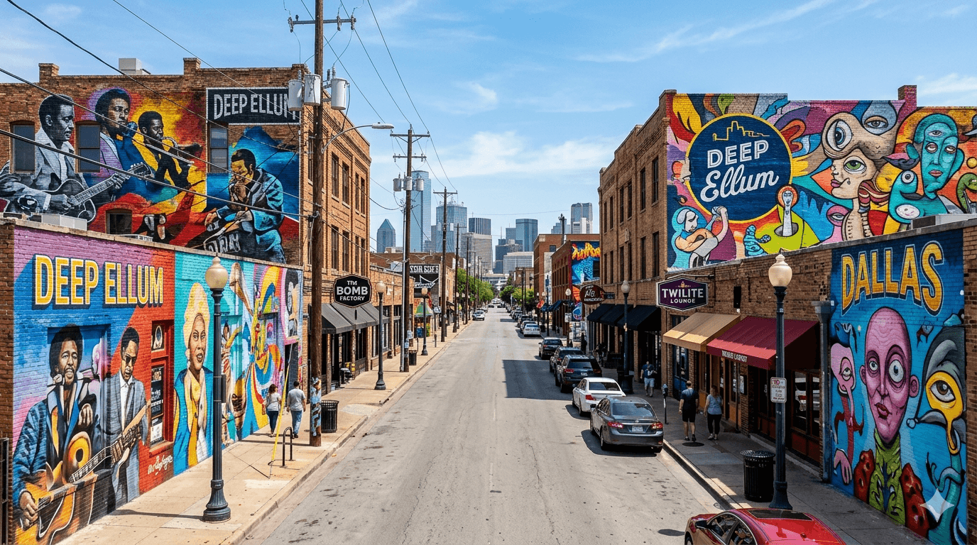 Street view of Deep Ellum Dallas showing vibrant colorful murals on brick buildings