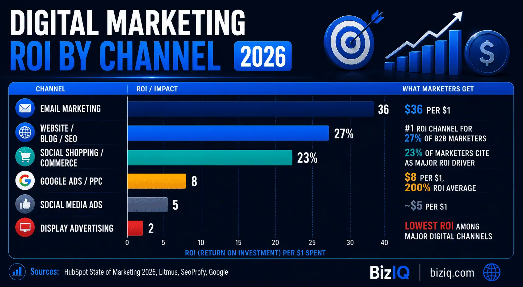 Bar chart comparing digital marketing ROI by channel in 2026, showing email at $36 per dollar, website/SEO as top B2B ROI channel, and Google Ads at $8 per dollar