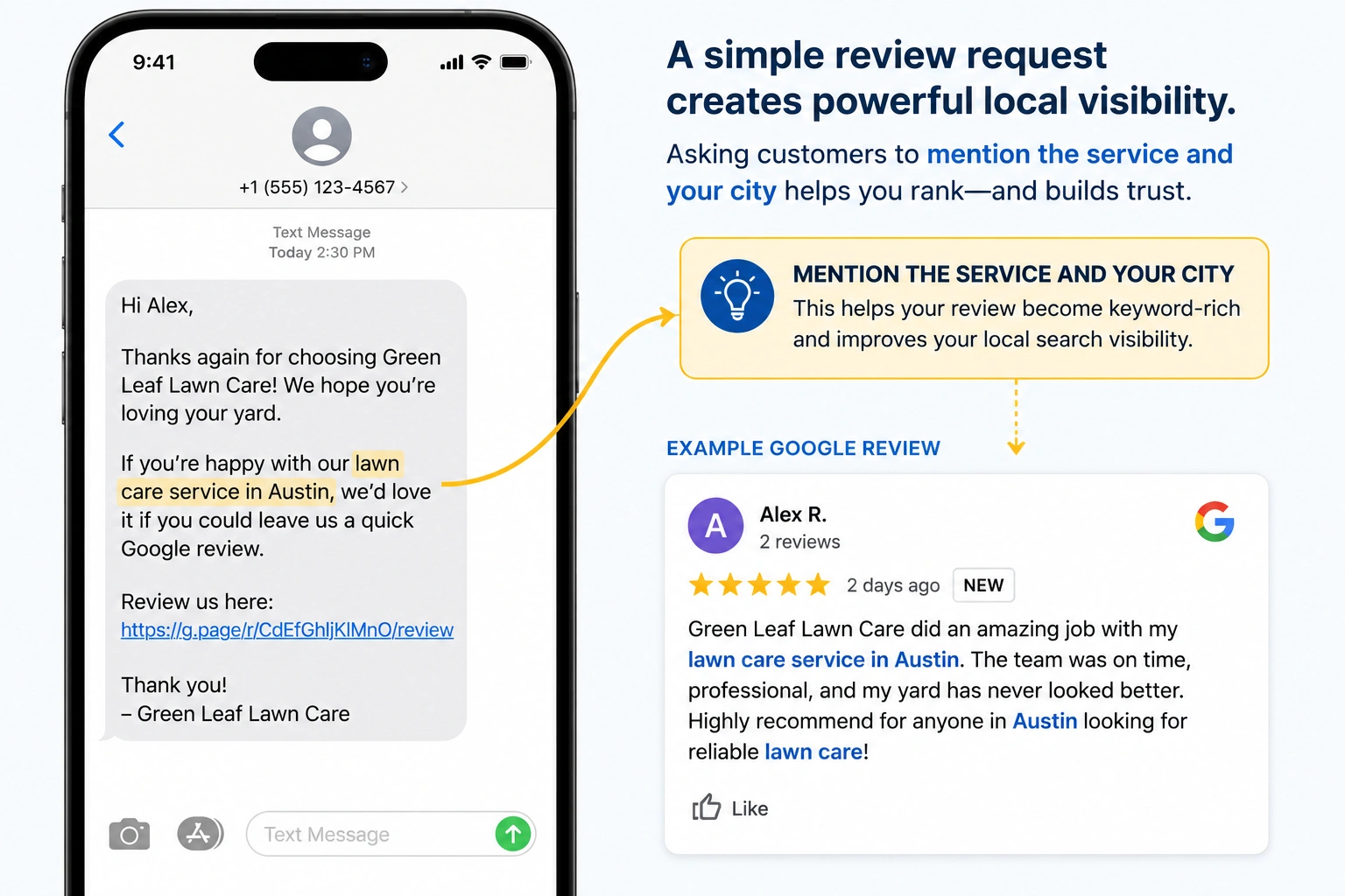 Mobile SMS review request showing how keyword-rich Google reviews improve local search visibility.