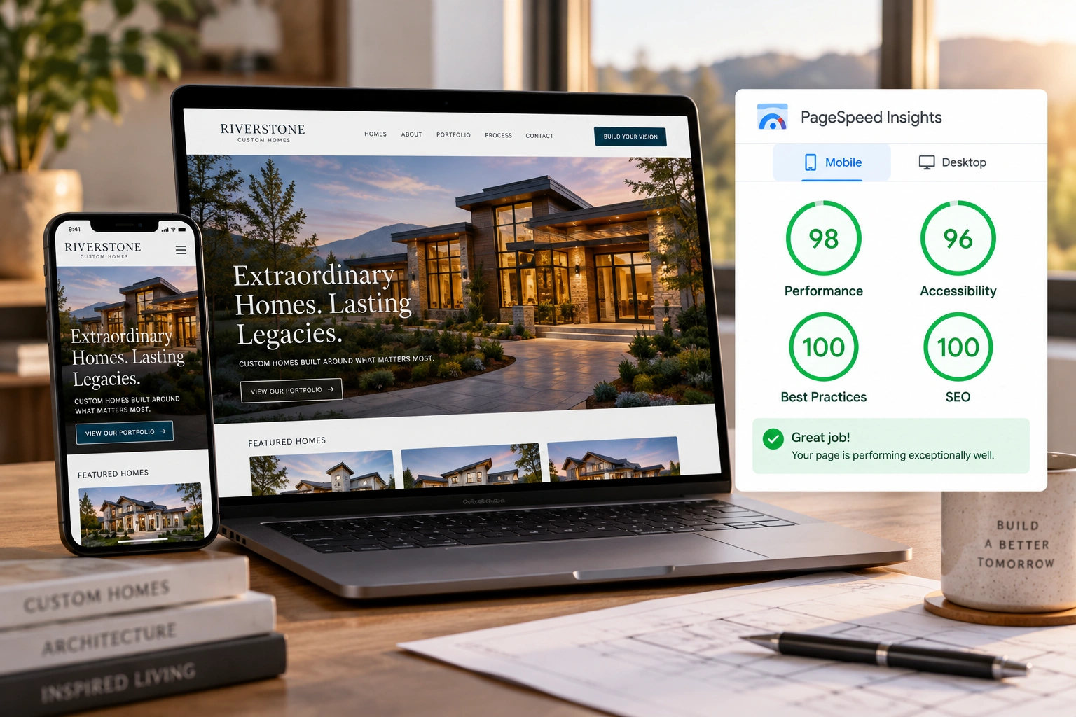 Custom home builder website on laptop and smartphone with PageSpeed Insights showing strong performance, accessibility, and SEO scores.