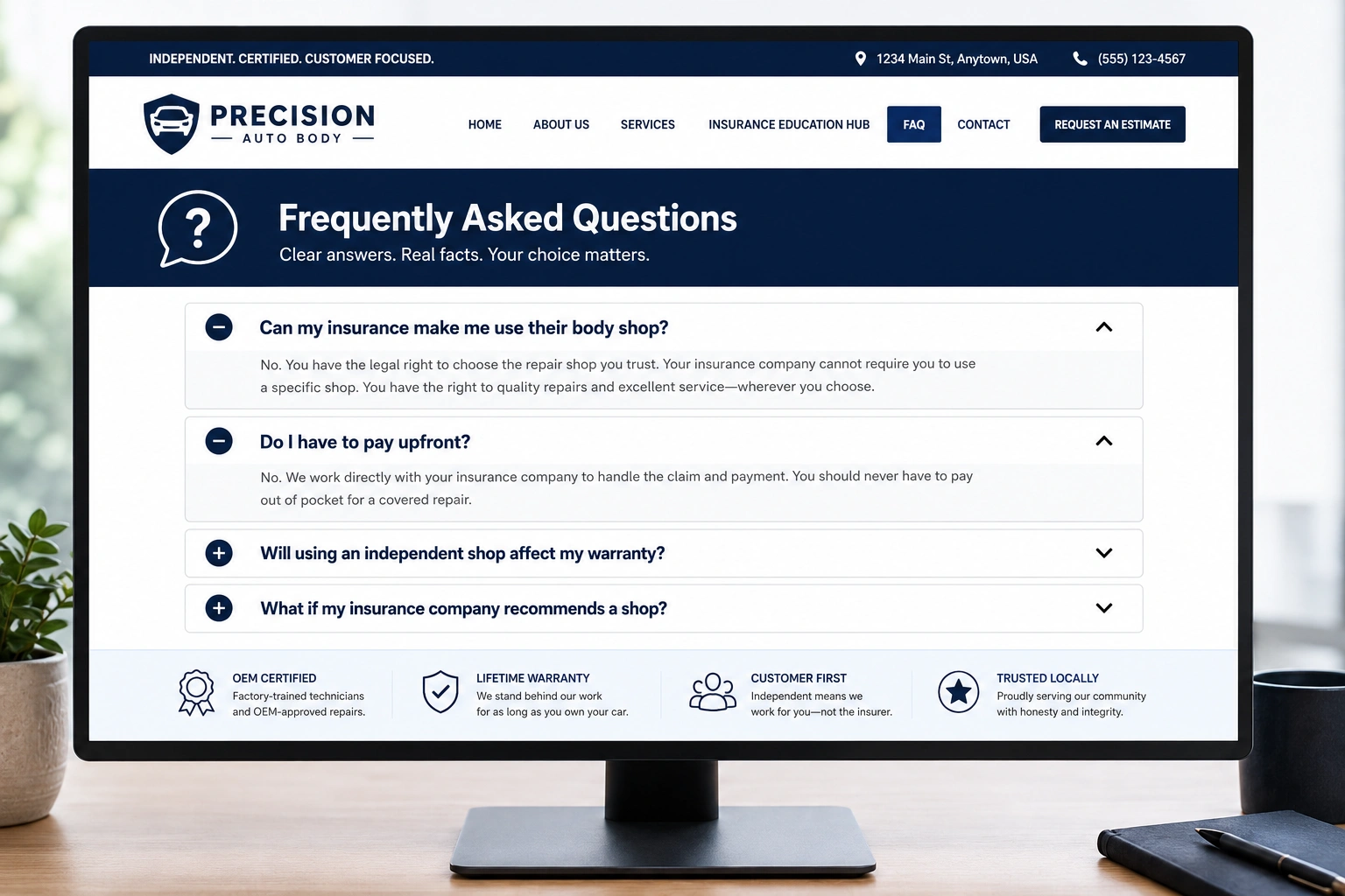 Desktop mockup of an auto body shop website featuring an Insurance Education Hub and expanded FAQ section.