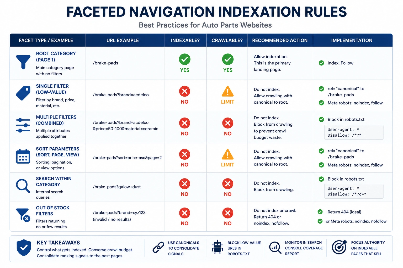 Table showing faceted navigation indexation rules for auto parts websites to prevent SEO index bloat.