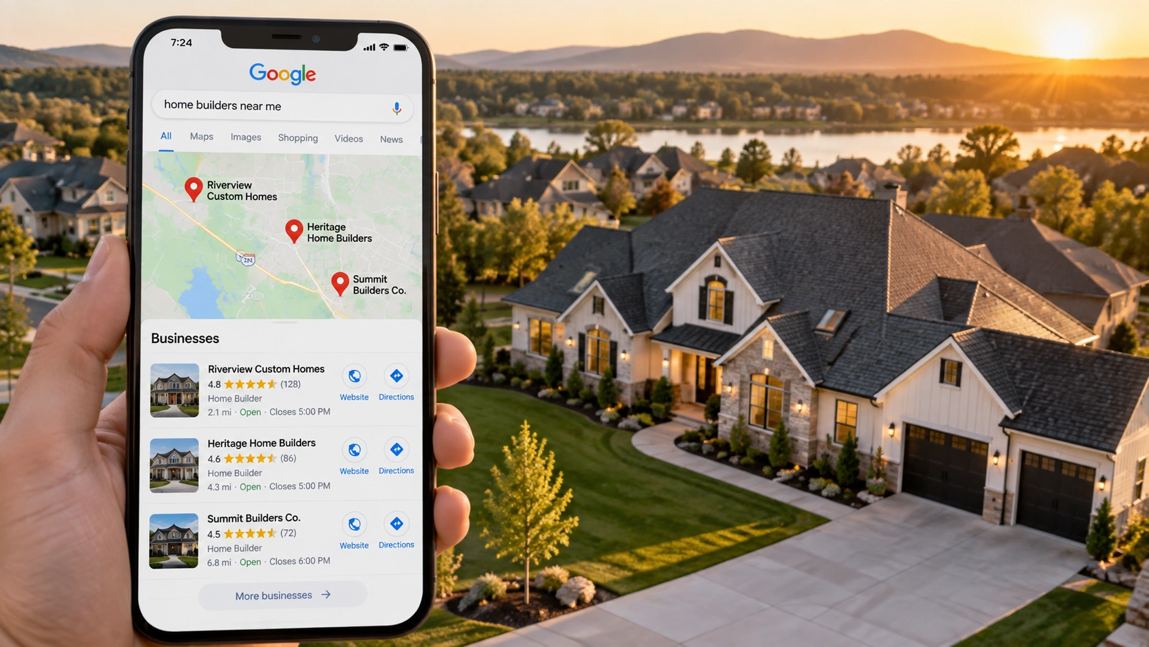 Smartphone showing local home builder search results in front of a newly completed custom home at golden hour.