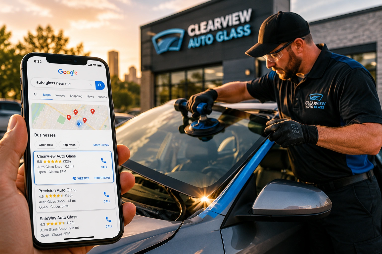 Auto glass technician replacing a windshield while a smartphone displays top-rated local auto glass search results.