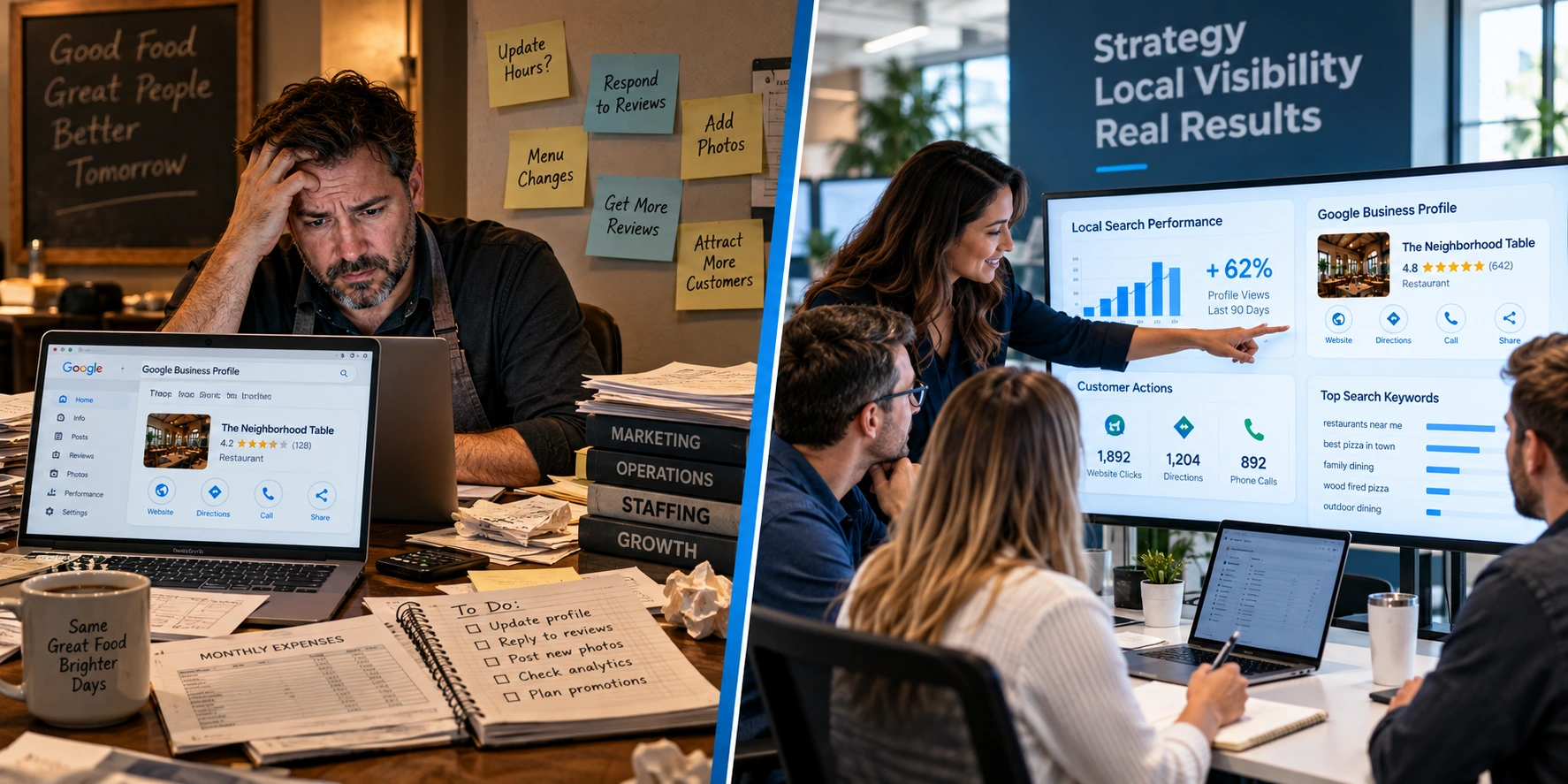 Split image comparing an overwhelmed restaurant owner managing local SEO alone with a marketing team reviewing search analytics.