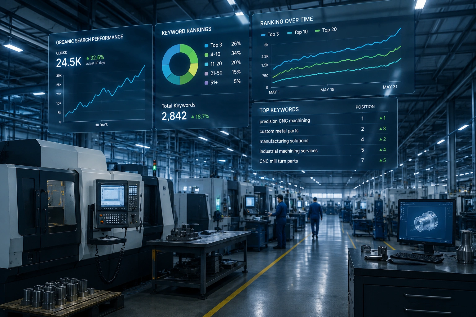 Modern manufacturing facility with CNC machines and digital SEO analytics overlay showing search rankings and keyword data.