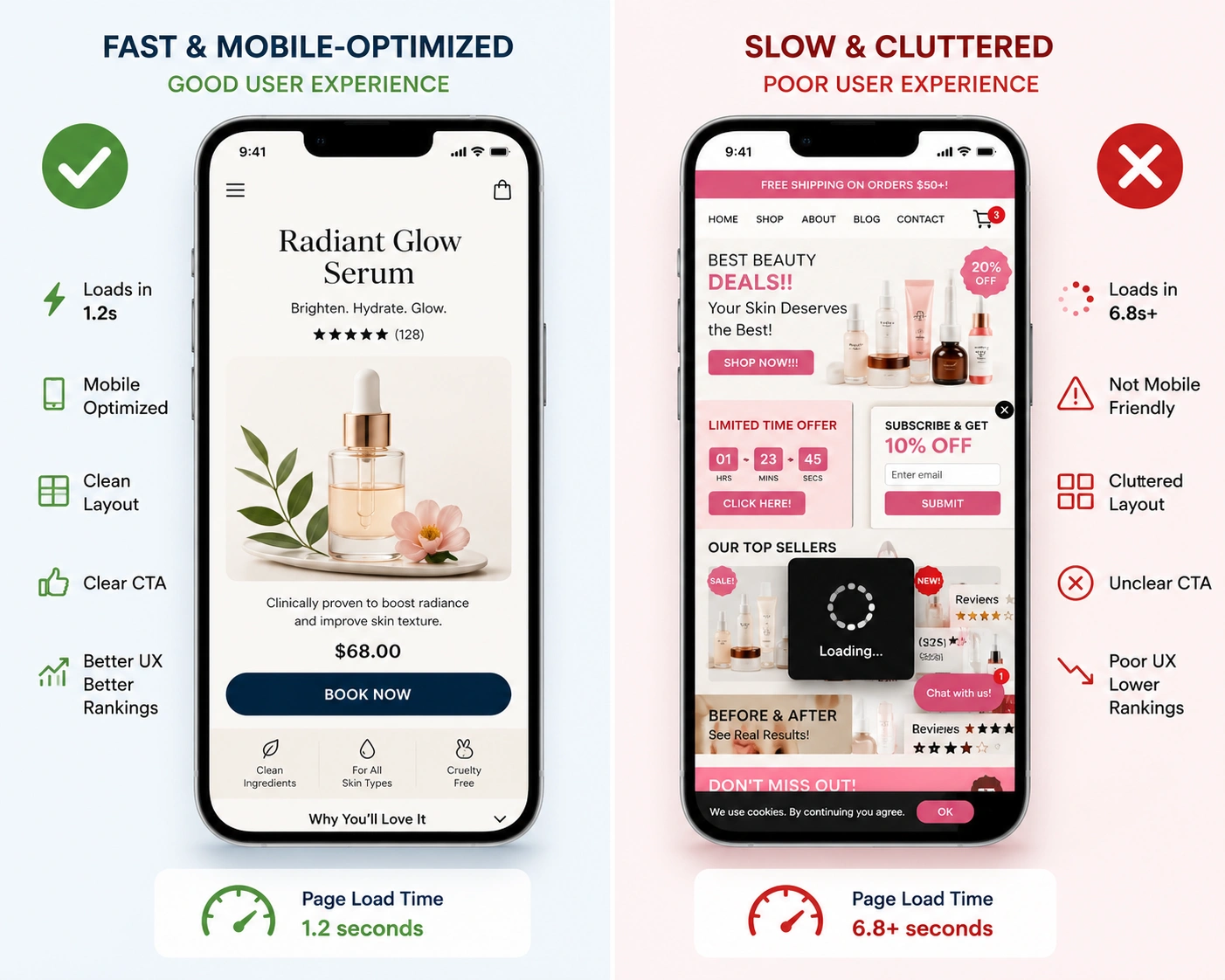 Split-screen comparison of a fast mobile-optimized beauty product page and a slow, cluttered mobile webpage.