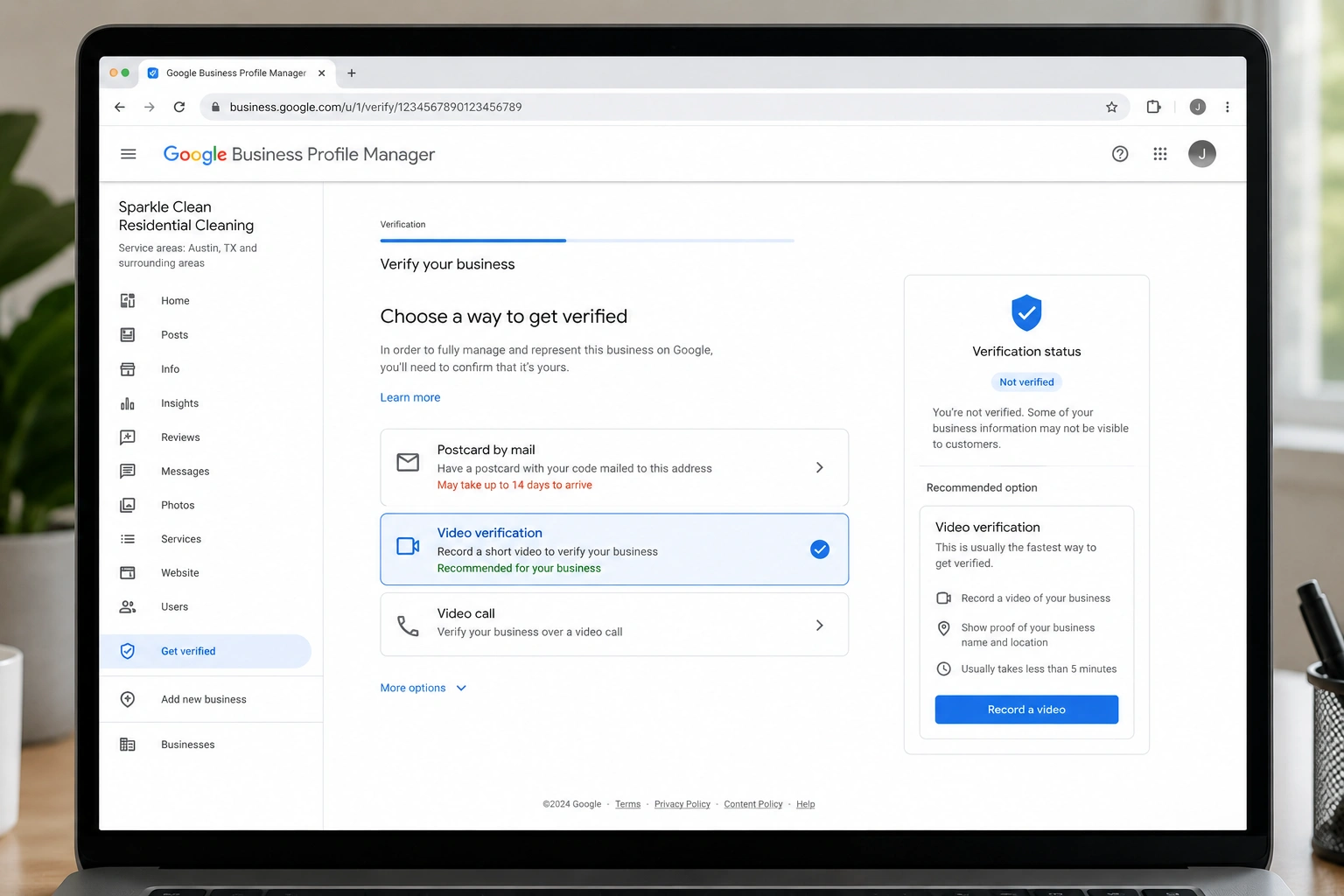 Google Business Profile verification dashboard showing the video verification option for a residential cleaning service.