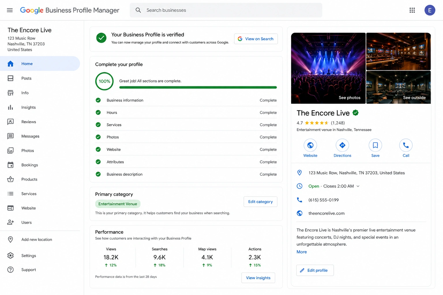 Optimized Google Business Profile dashboard with verified status, completed fields, and entertainment venue listing.