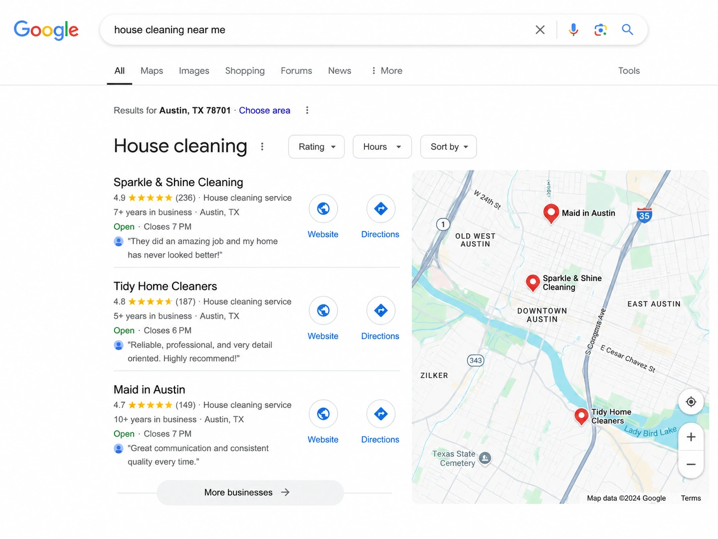 Google Map Pack showing local search results for house cleaning businesses with map listings, ratings, and business profiles.