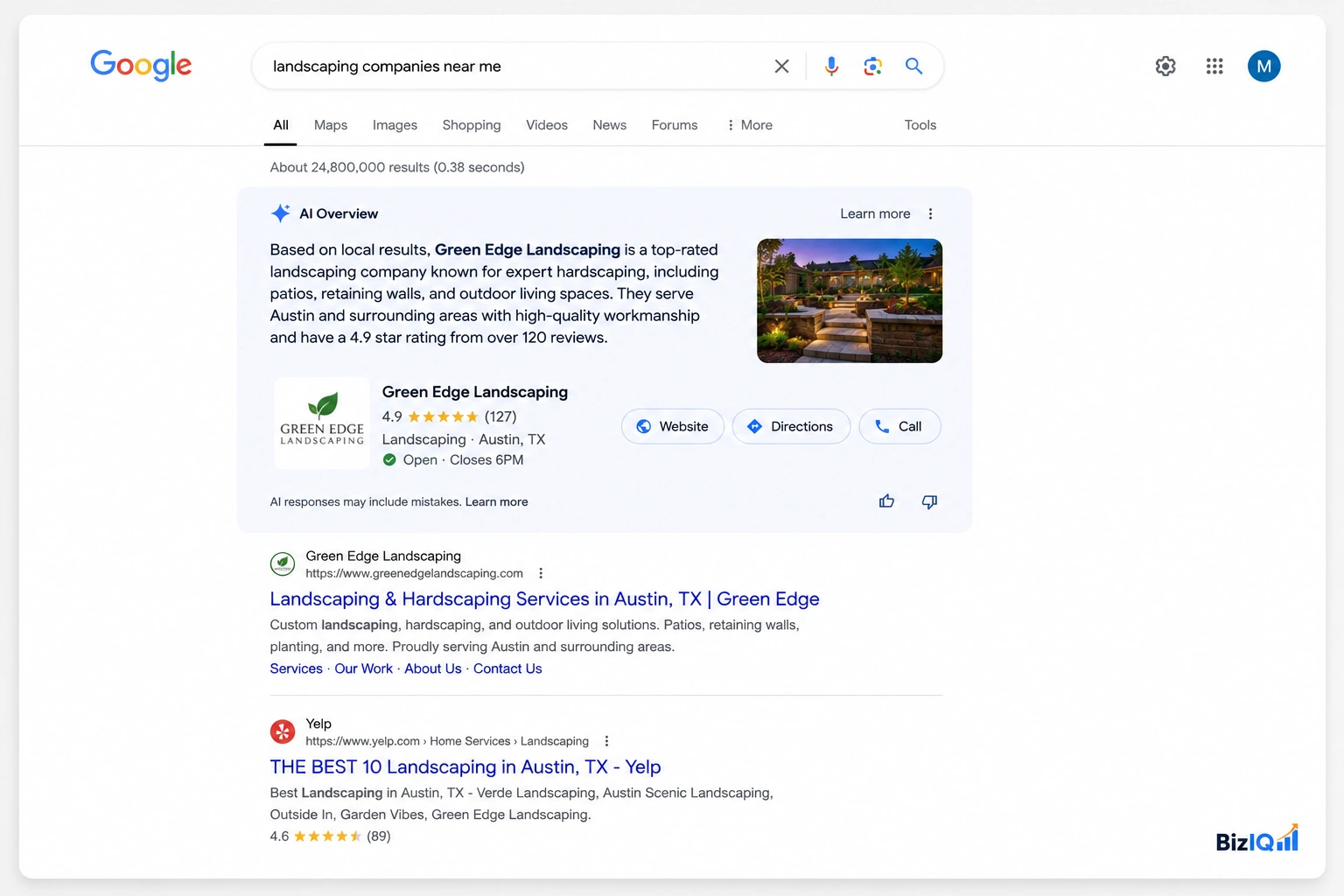 Landscaping SEO company shown in a Google AI Overview mockup highlighting local search optimization and business visibility.