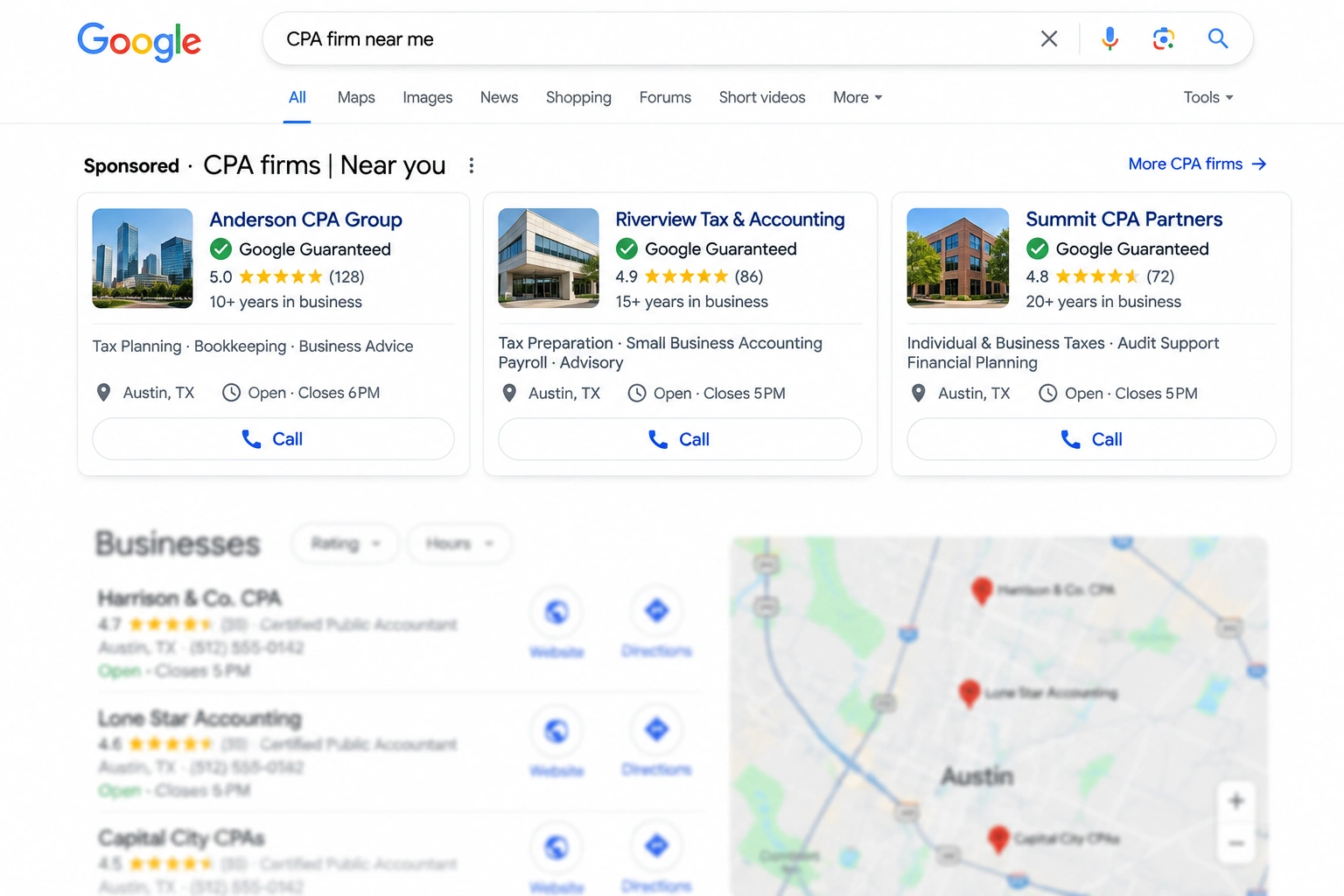 Google search mockup showing three sponsored CPA firm listings with ratings, service details, call buttons, and Google Guaranteed badges.