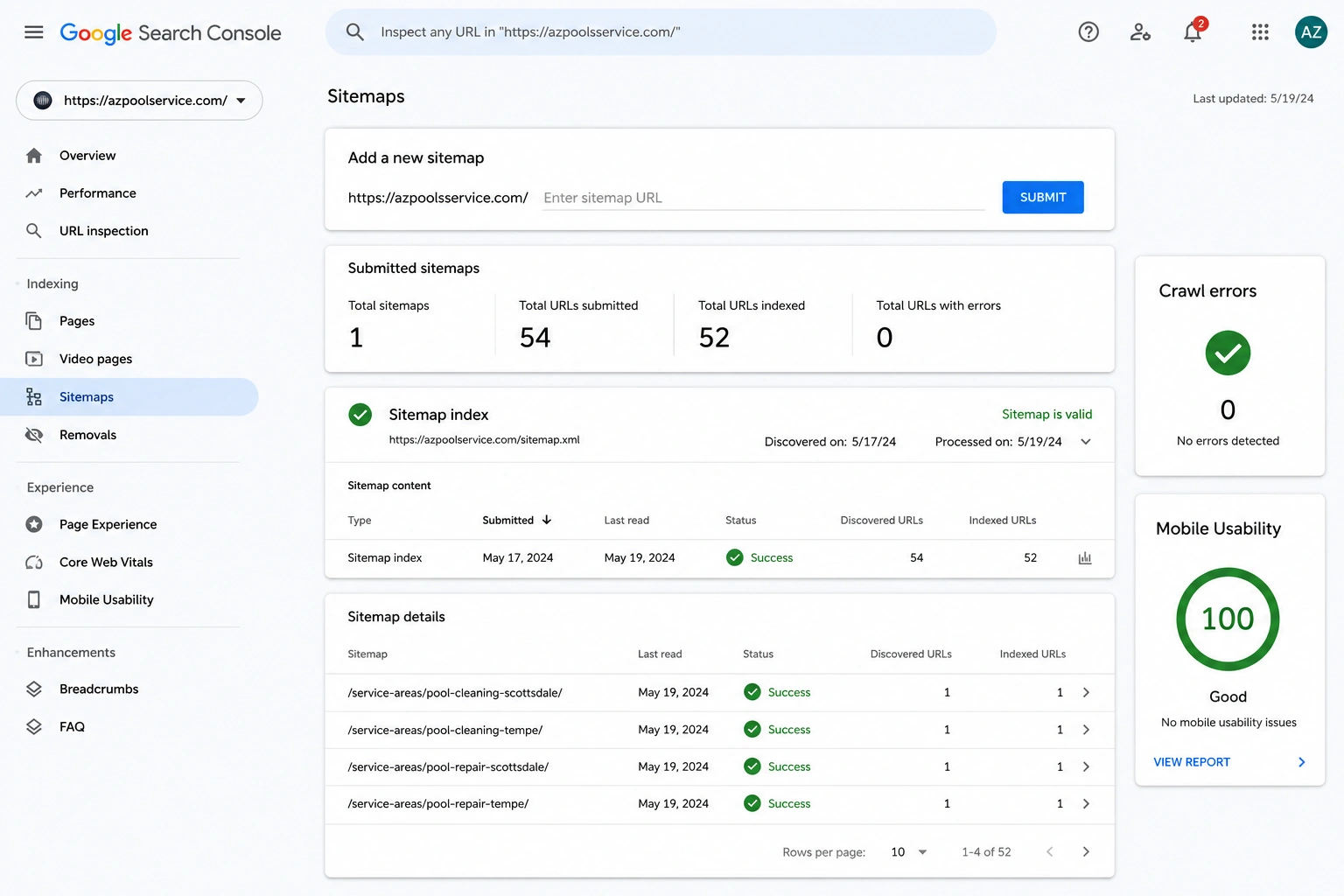 Google Search Console dashboard showing a healthy sitemap with indexed pool service pages and zero crawl errors.