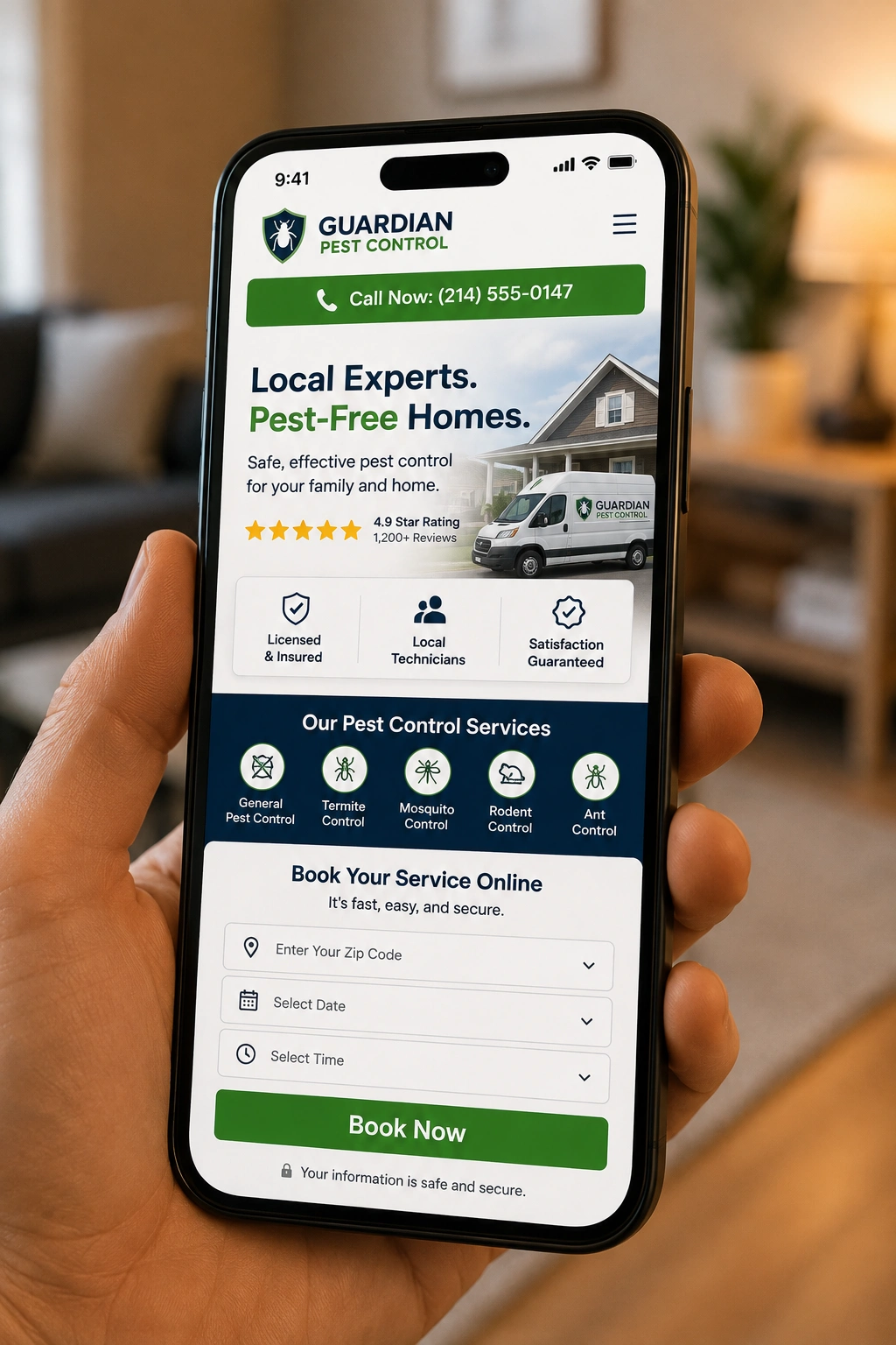 Mobile pest control landing page with a click-to-call button, customer ratings, service options, and online booking form.