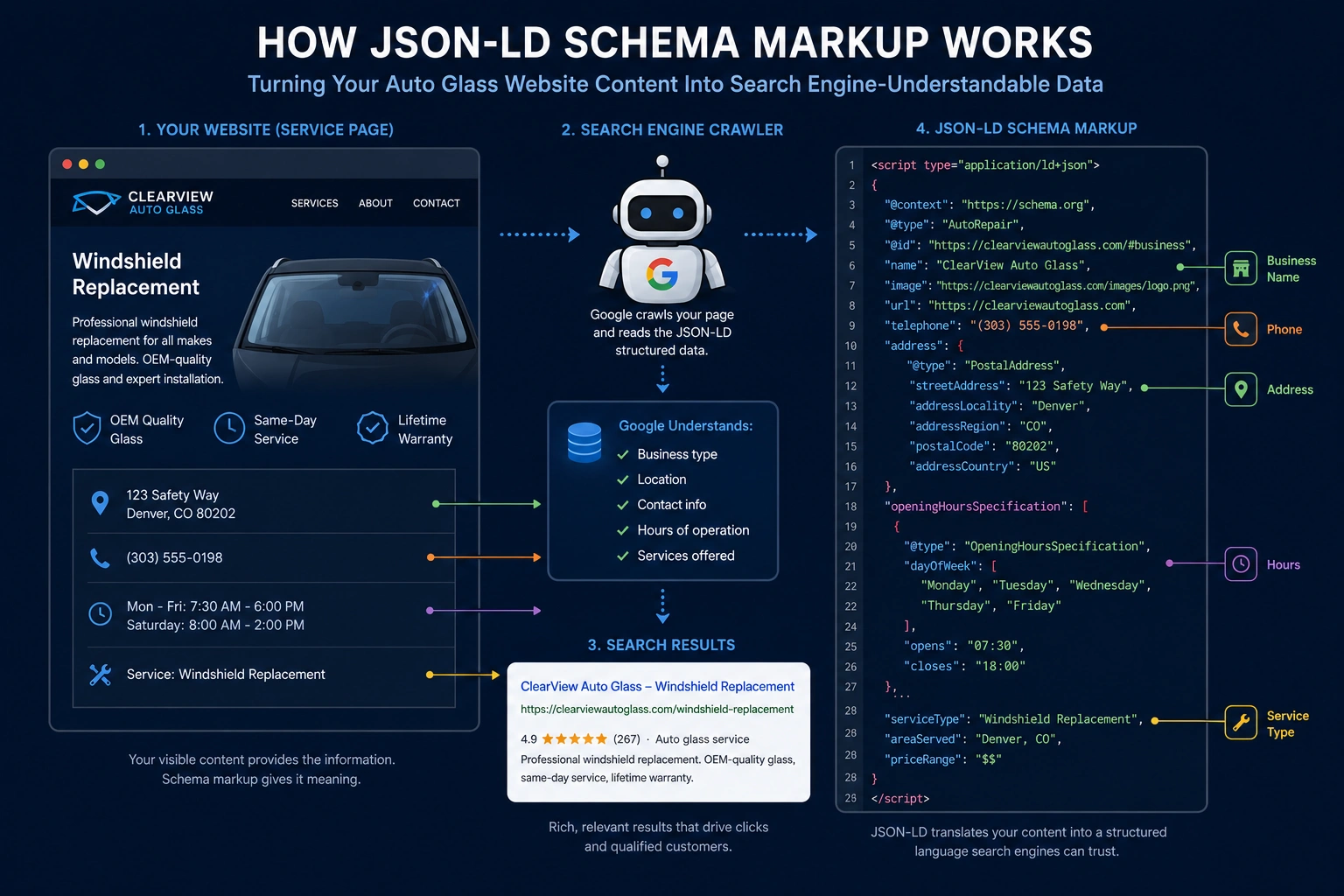 Diagram showing how JSON-LD schema markup connects website content to structured data for Google search crawlers.