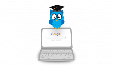 Image: blue own wearing graduation cap sits ontop of a laptop displaying the Google search homepage