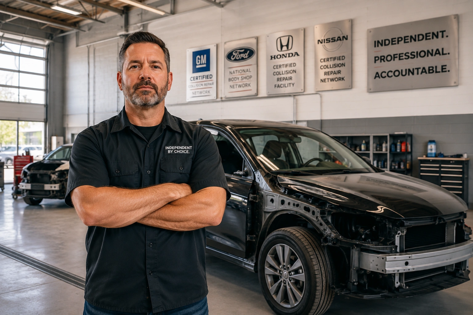 Independent auto body shop owner standing confidently beside a repaired vehicle in a modern collision repair facility.