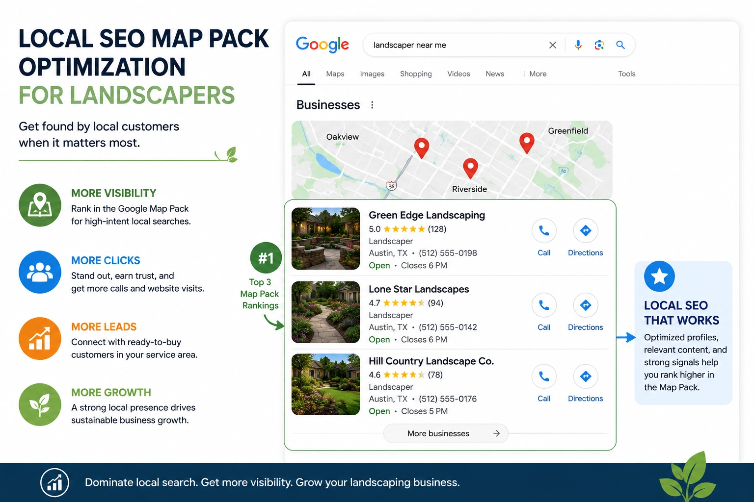 Google Map Pack mockup showing top local rankings for landscaping companies through local SEO optimization.
